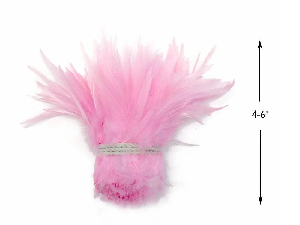 Pink dyed feathers for DIY crafts and fashion decor, 4-6 inches long.