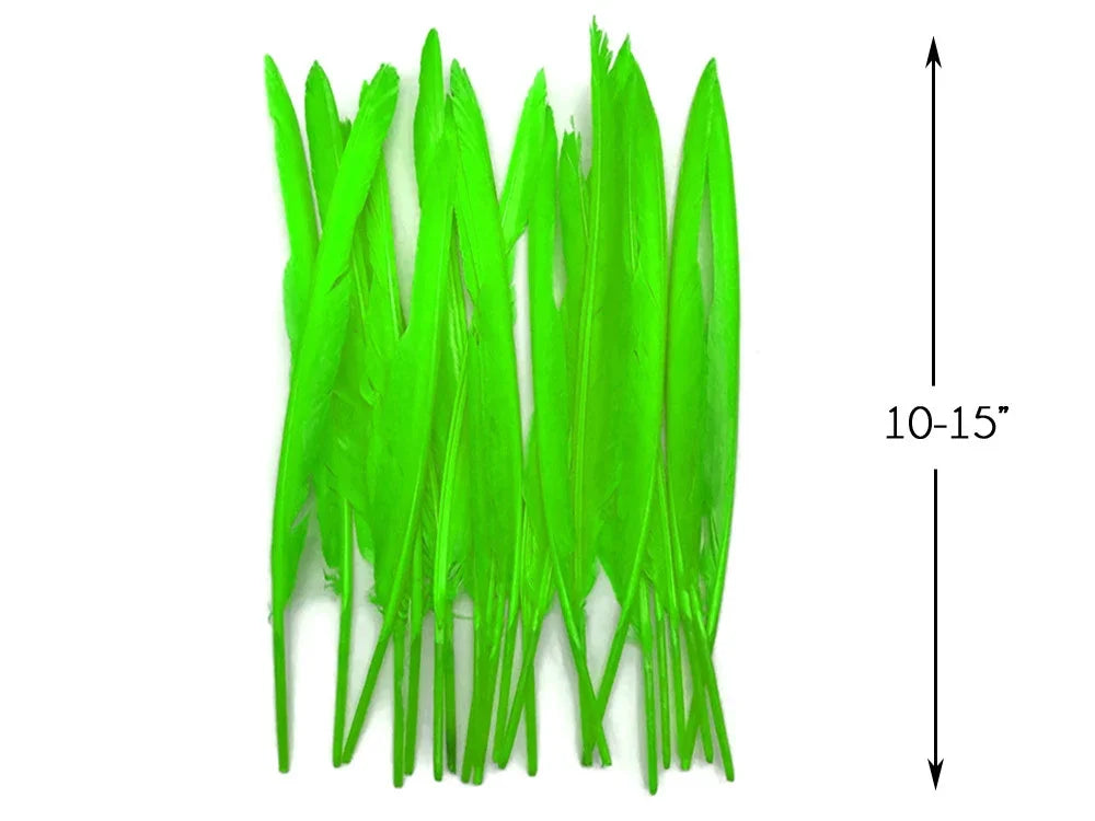 Vibrant lime green feathers for DIY crafts and fashion decor, 10-15 inches long.