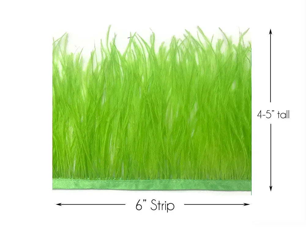 6-inch lime green feather trim strip, 4-5 inches tall for DIY crafts and fashion decor.