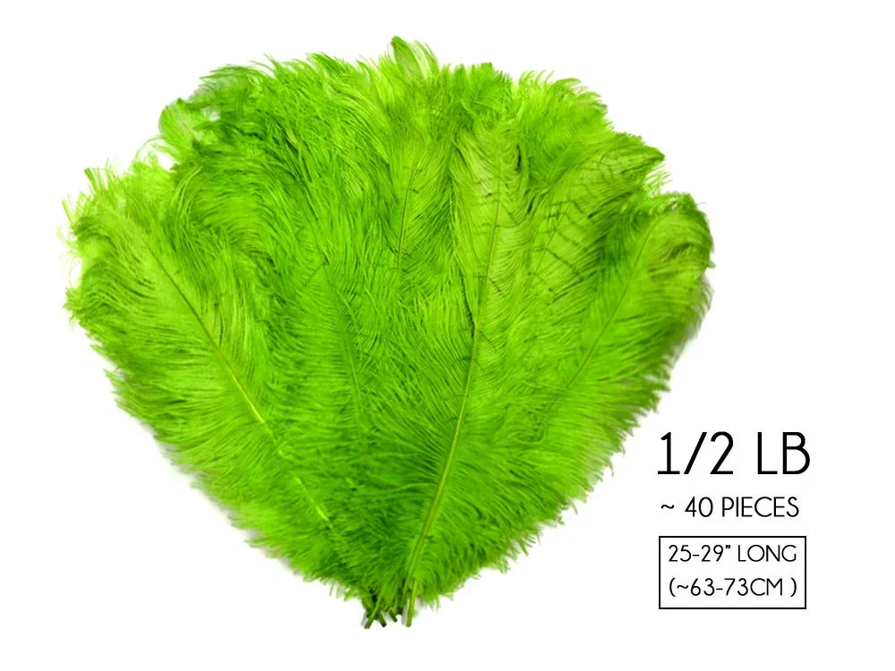 Bright lime green ostrich feathers for crafts and fashion decor, 40 pieces pack.