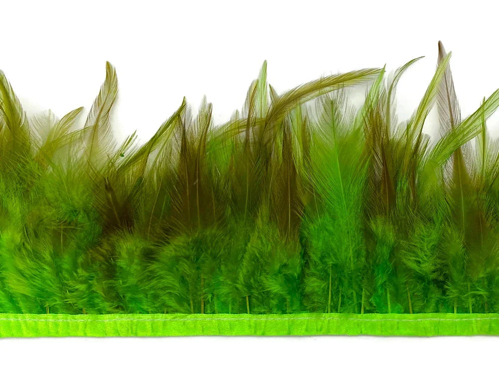 Vibrant green and brown ostrich feather trim for DIY fashion and craft decor.