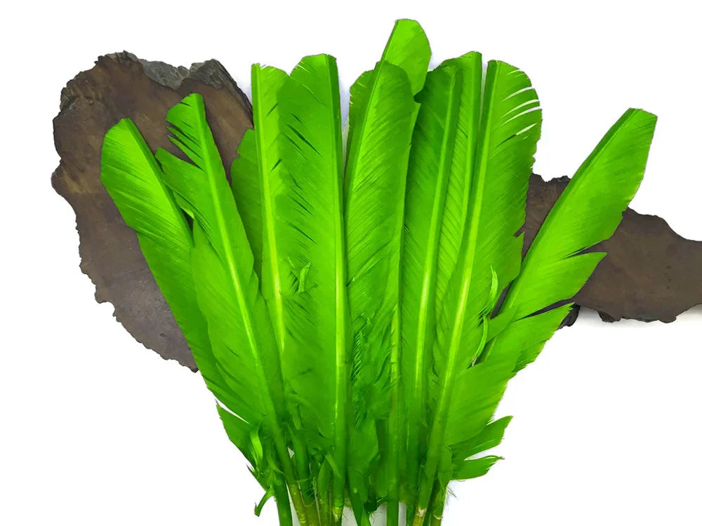 Vibrant lime green dyed feathers for DIY crafts and fashion accessories.