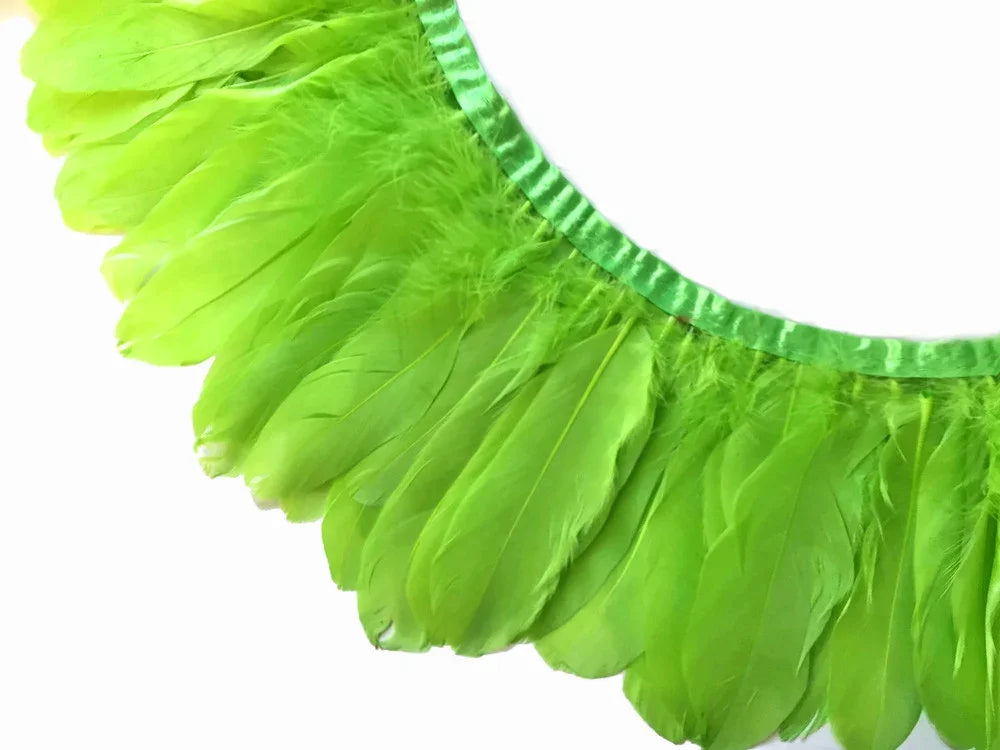 Vibrant lime green feather trim with satin ribbon edge for crafts and fashion DIY.