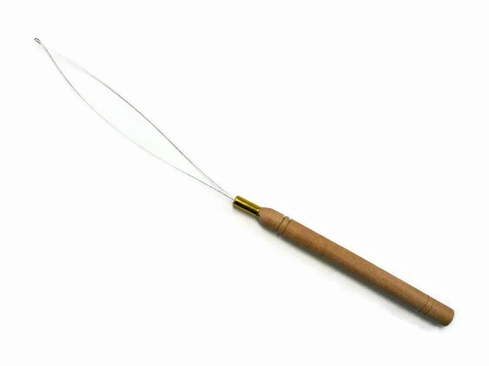 Wooden handle feather tying tool with thin metal wires for craft DIY supplies.