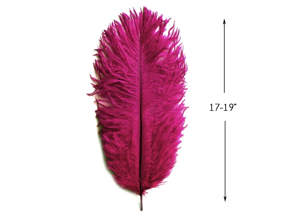 Vibrant magenta pink ostrich feather for crafts and fashion decor, 17-19 inches long.