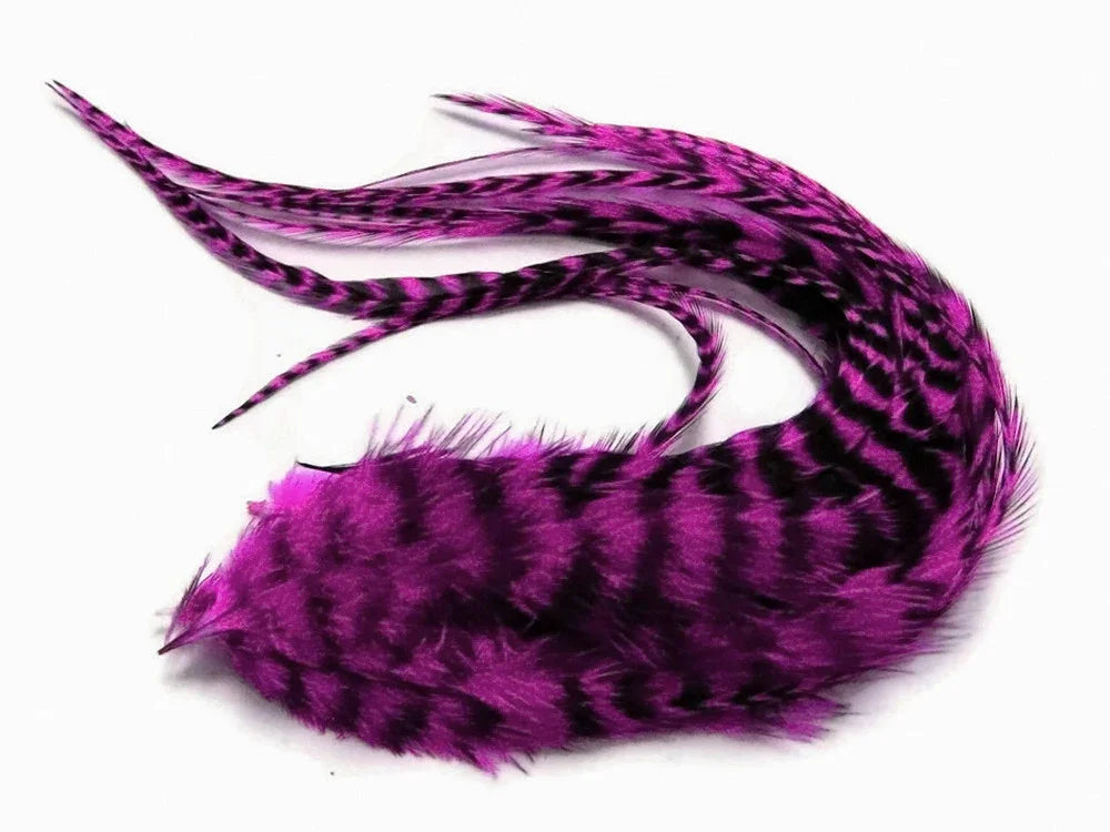 Vibrant purple and black patterned feathers for DIY crafts and fashion accessories.