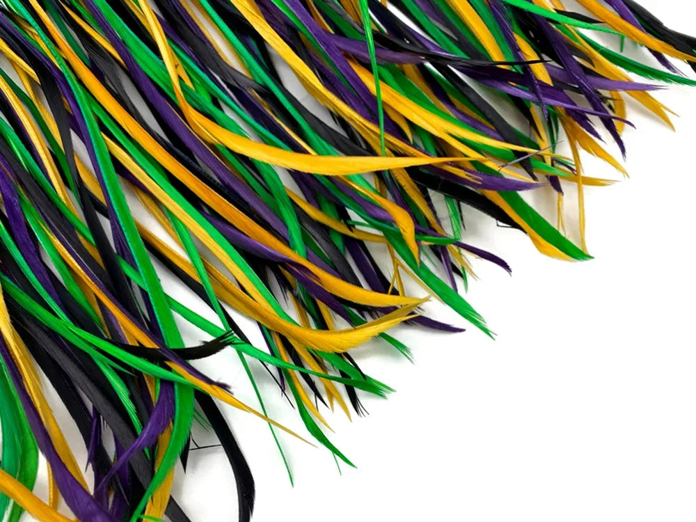 Vibrant green, yellow, purple, and black craft feathers for DIY fashion and decor.