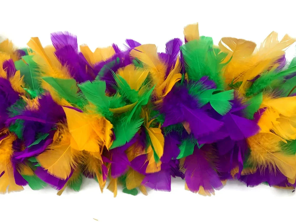 Vibrant purple, green, and yellow feather boa for carnival costumes and party decor.