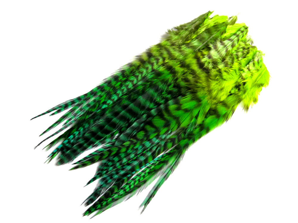 1 Dozen - Medium Bluemoon Grizzly Blendz Rooster Saddle Whiting Hair Extension Feathers