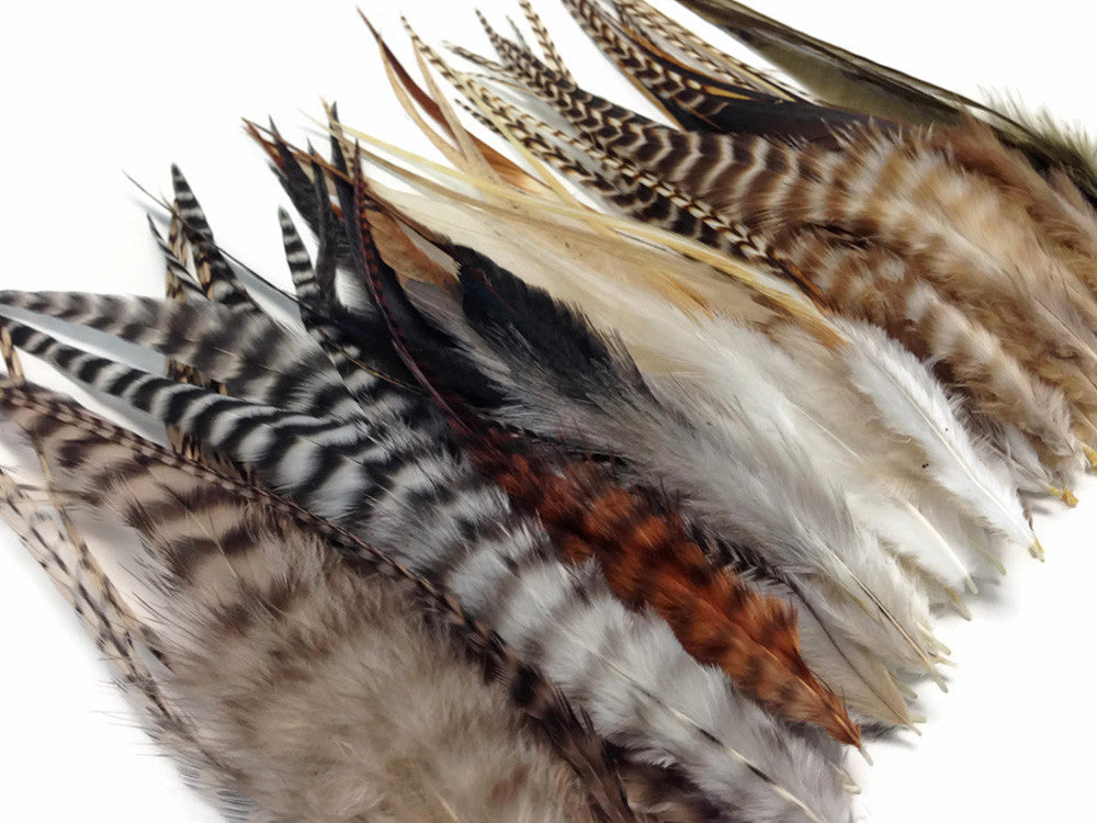 50 Pieces - Natural Tone Medium Length Rooster Saddle Whiting Hair Extension Wholesale Feathers (Bulk)