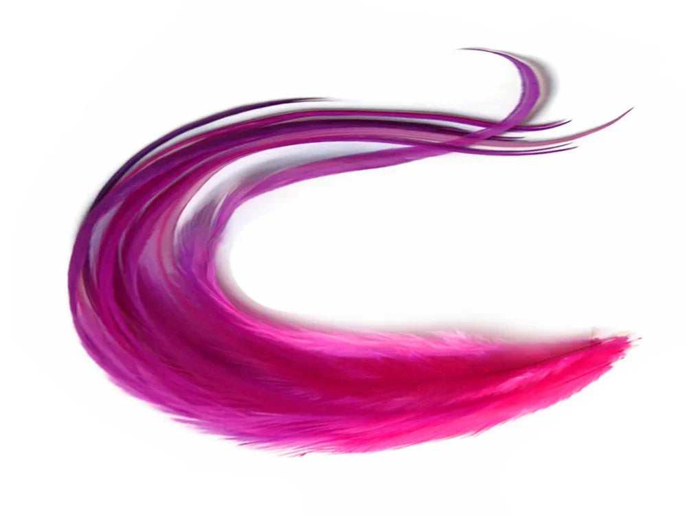 Vibrant pink and purple curved feathers for craft and fashion DIY projects.