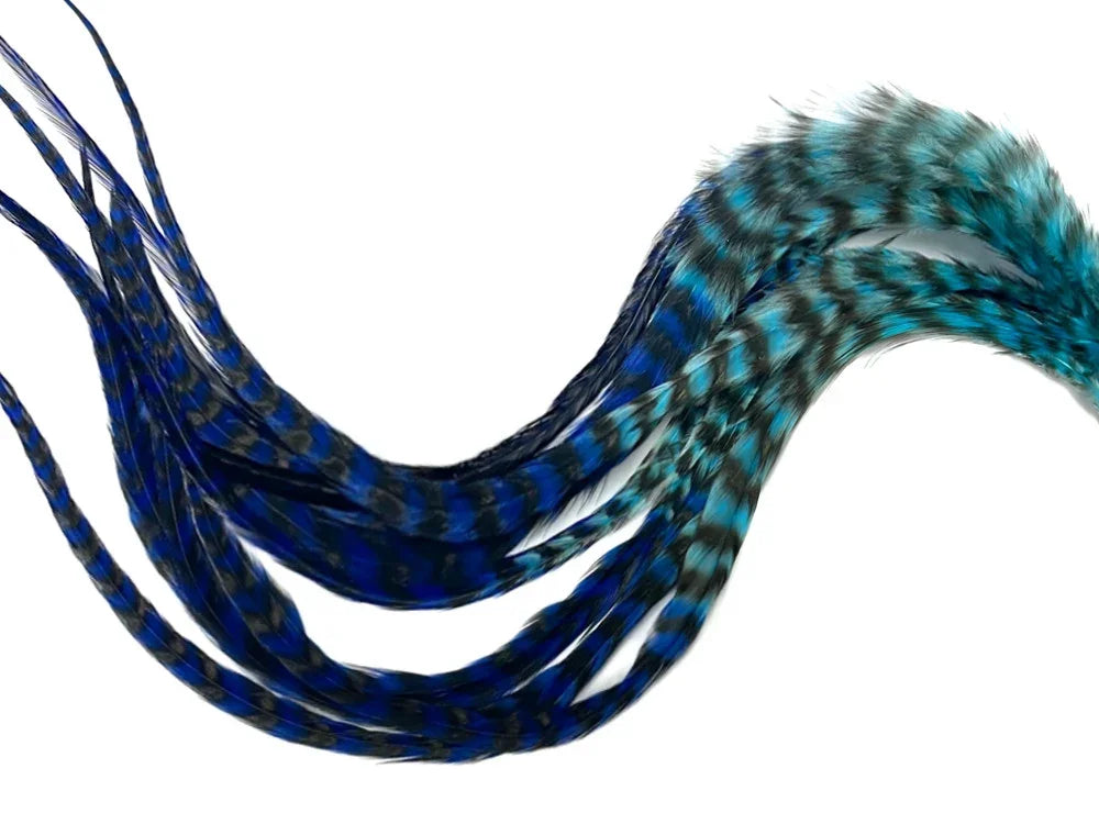 Vibrant blue and teal patterned feathers for crafts and fashion DIY supplies.
