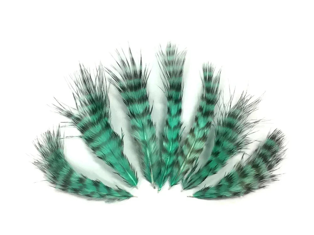 Set of striped teal and black craft feathers for DIY fashion and decor.