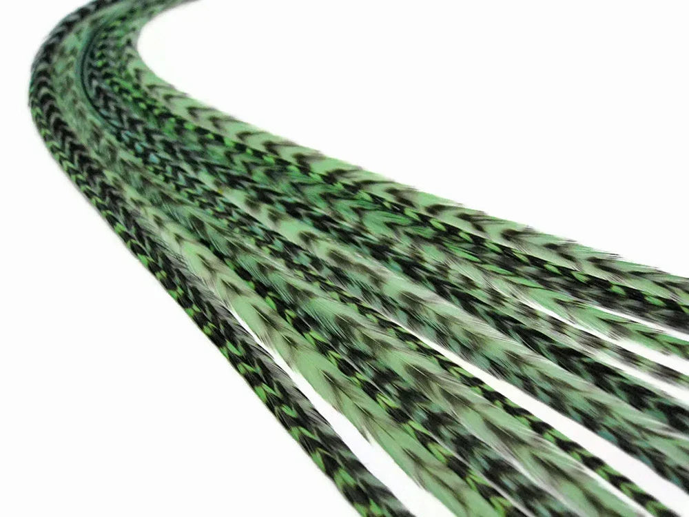 Green and black patterned decorative feathers for crafts and DIY fashion accessories.