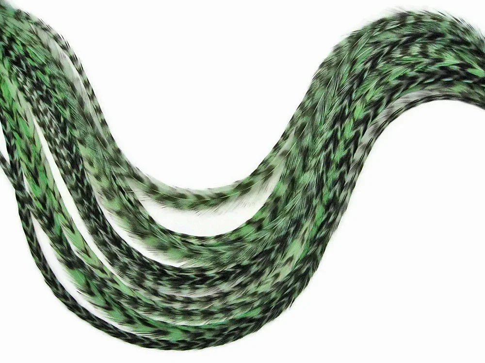Green and black patterned craft feathers for DIY fashion and decor accessories.