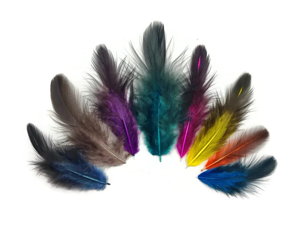 Assorted colorful craft feathers in teal, purple, yellow, and blue arranged in a fan shape.