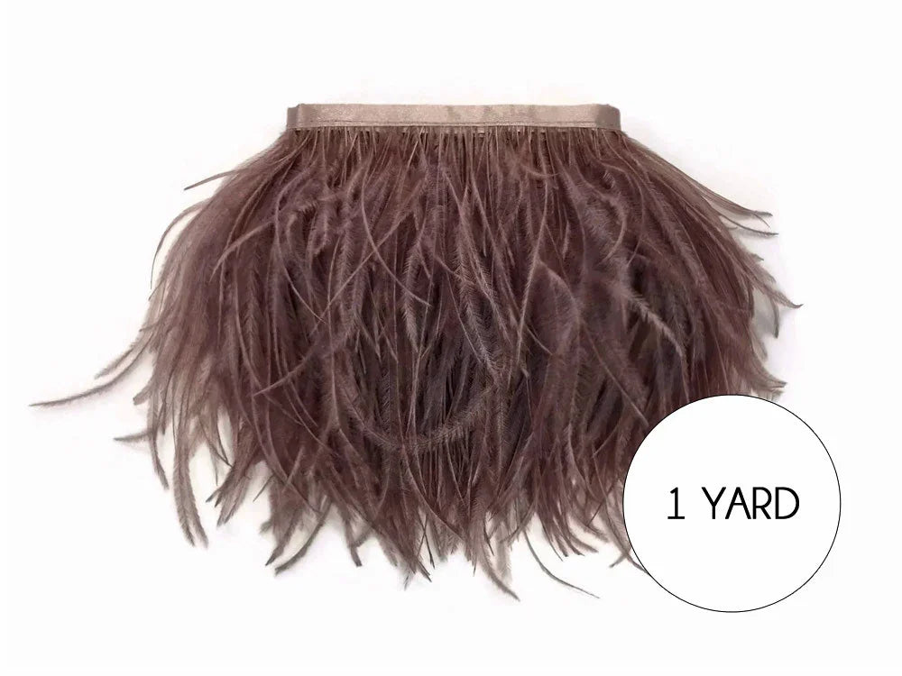 Taupe brown ostrich feather trim for fashion and DIY crafts, 1 yard length.