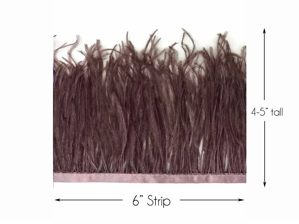 6-inch wide strip of 4-5 inch tall brown ostrich feather trim for crafts and fashion.