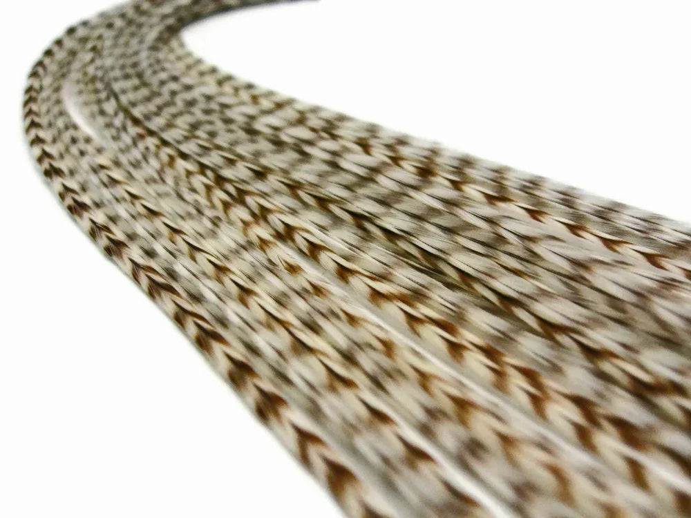 Braided brown and white patterned feathers for fashion and craft DIY supplies.