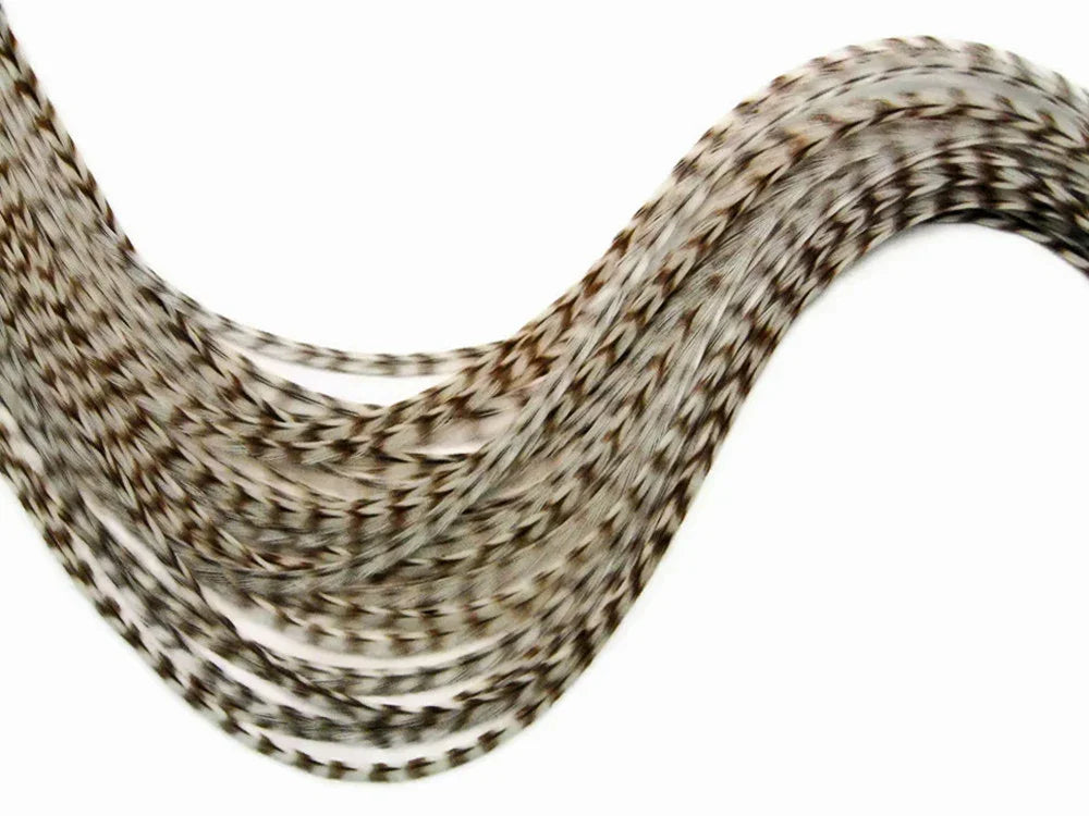 Natural brown and white speckled pattern feathers for DIY crafts and fashion accessories.