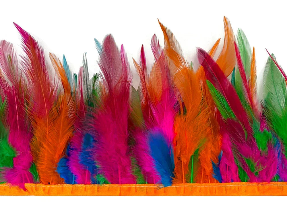 Vibrant multicolored feathers in pink, orange, blue, and green for DIY crafts and fashion.