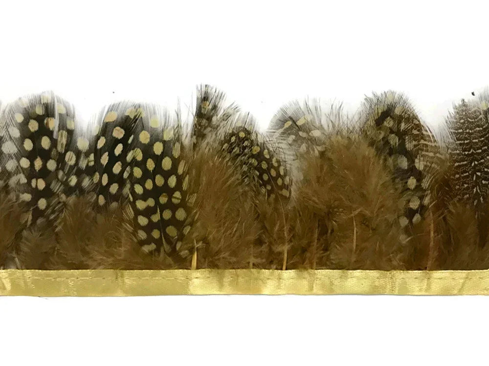 Brown spotted feathers trim with gold ribbon base for crafts and fashion DIY.