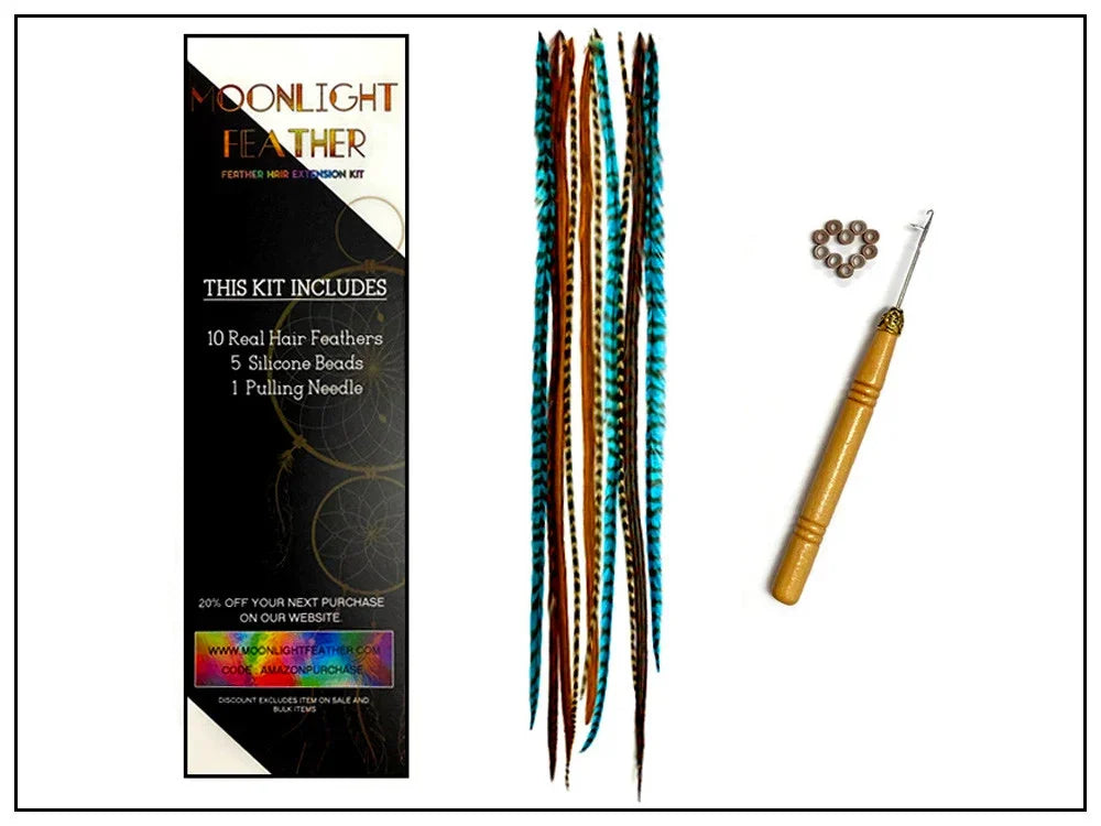 Feather hair extension kit with real hair feathers, silicone beads, and a pulling needle.