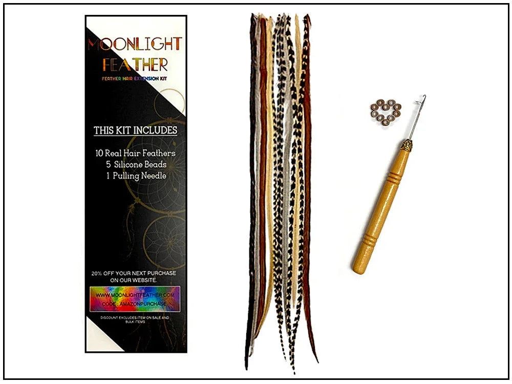 Feather hair extension kit with real hair feathers, silicone beads, and a pulling needle.