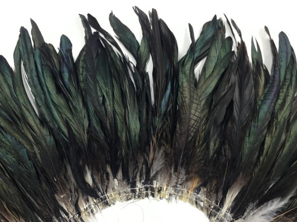 2.5 Inch Strip - Natural Black Half Bronze Coque Tail Strung Rooster Feathers