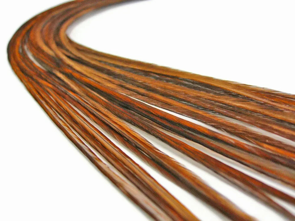 Long brown and copper dyed craft feathers for DIY fashion and decor.