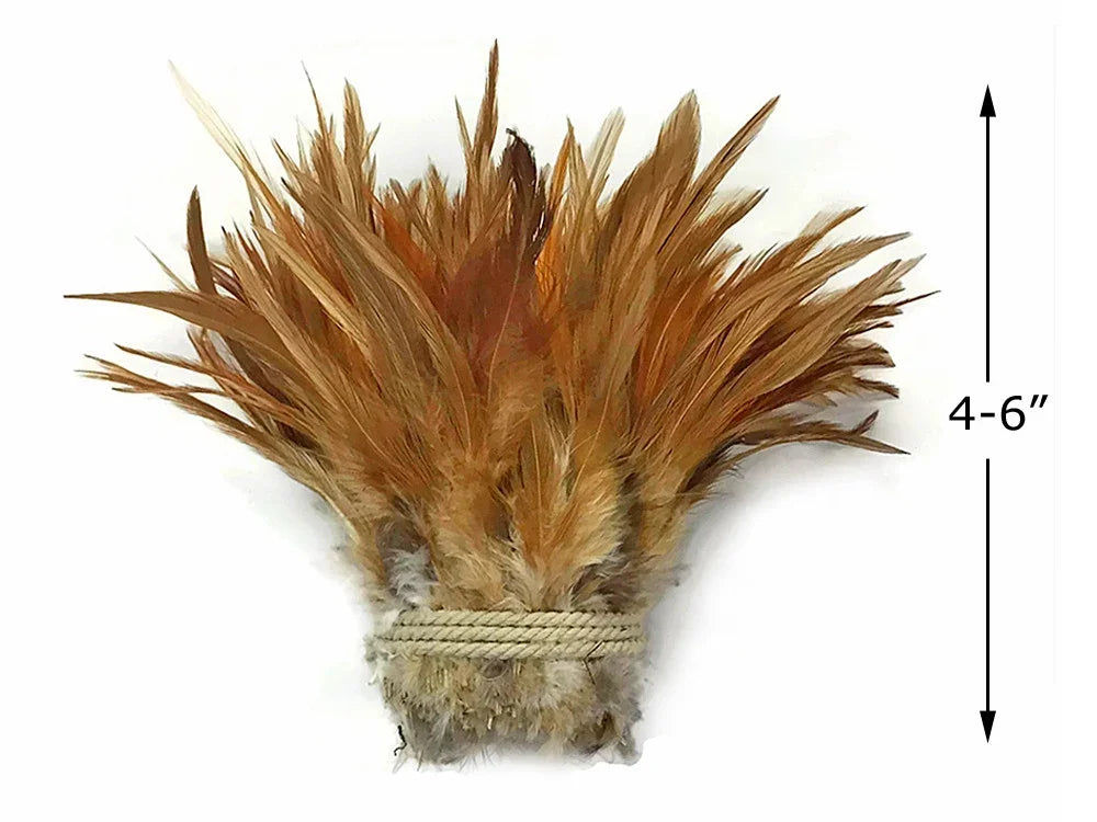 Bundle of natural brown craft feathers tied with twine, 4-6 inches in length.