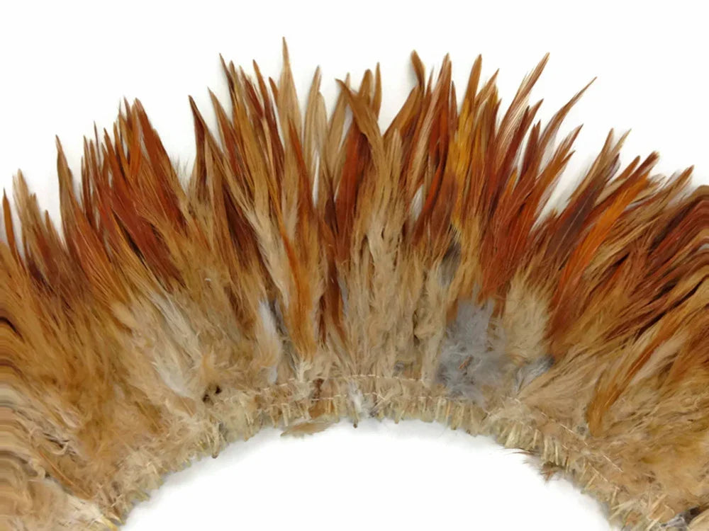 Natural brown and tan feathers arranged in a decorative fringe for crafts and fashion.