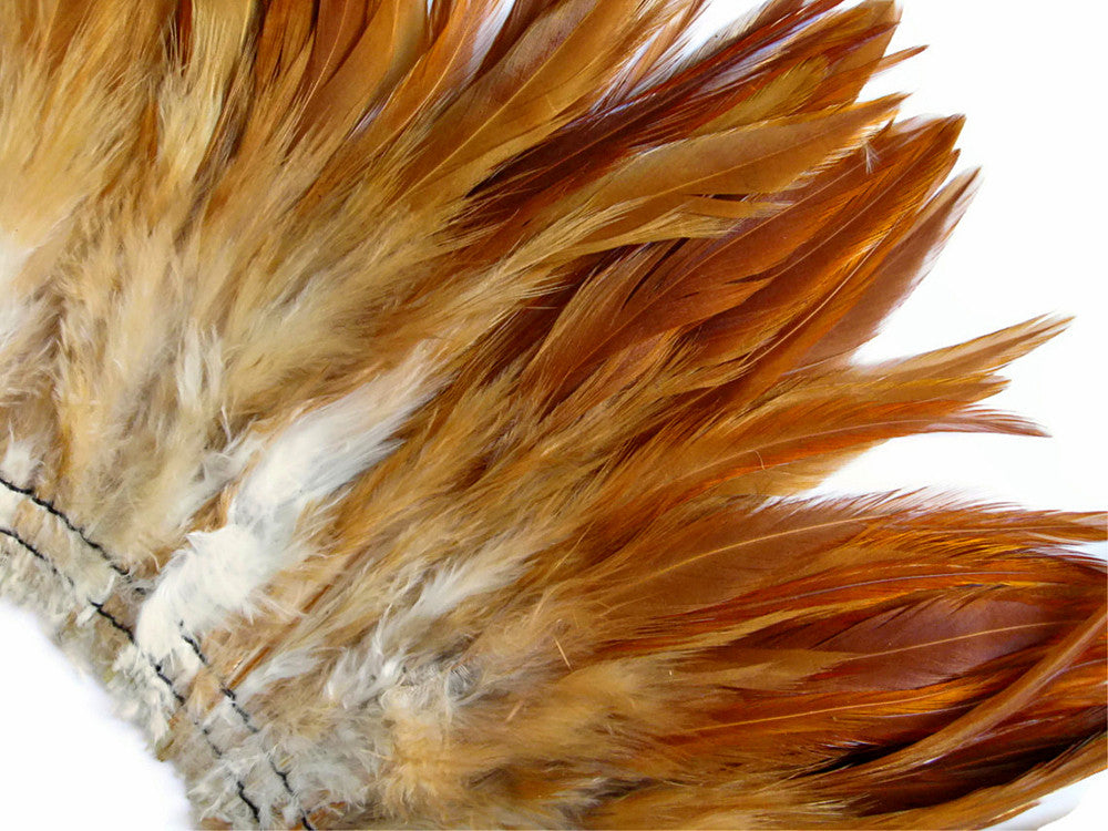 1 Yard - 4-6" Natural Red Strung Chinese Rooster Saddle Wholesale Feathers (Bulk)