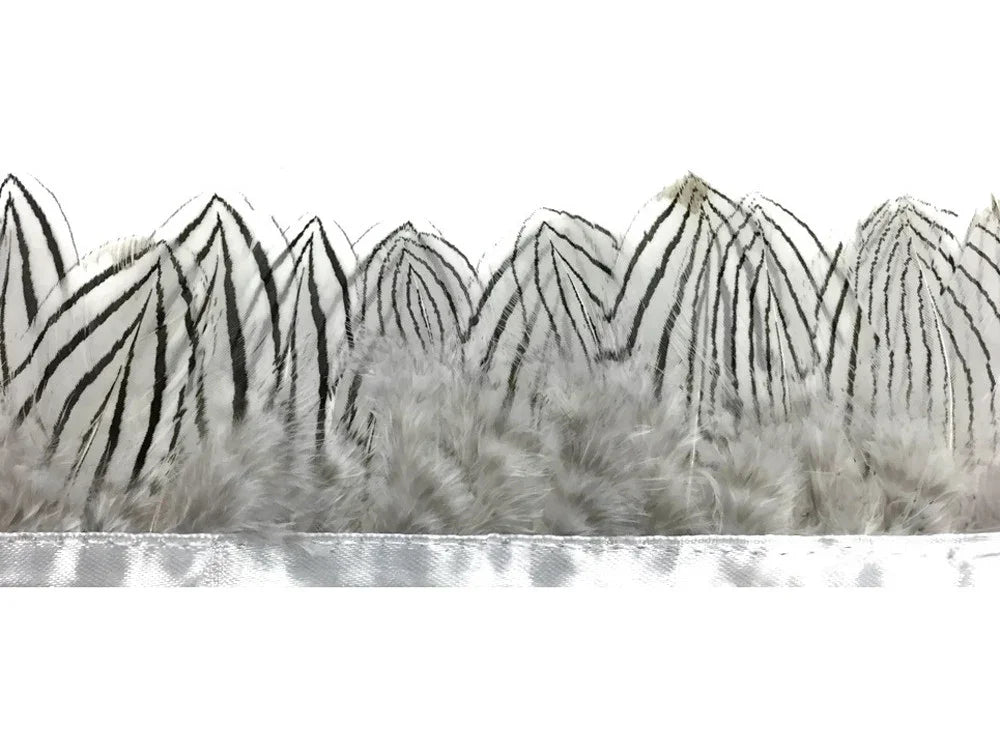White and black striped feather trim for crafts and fashion DIY projects.