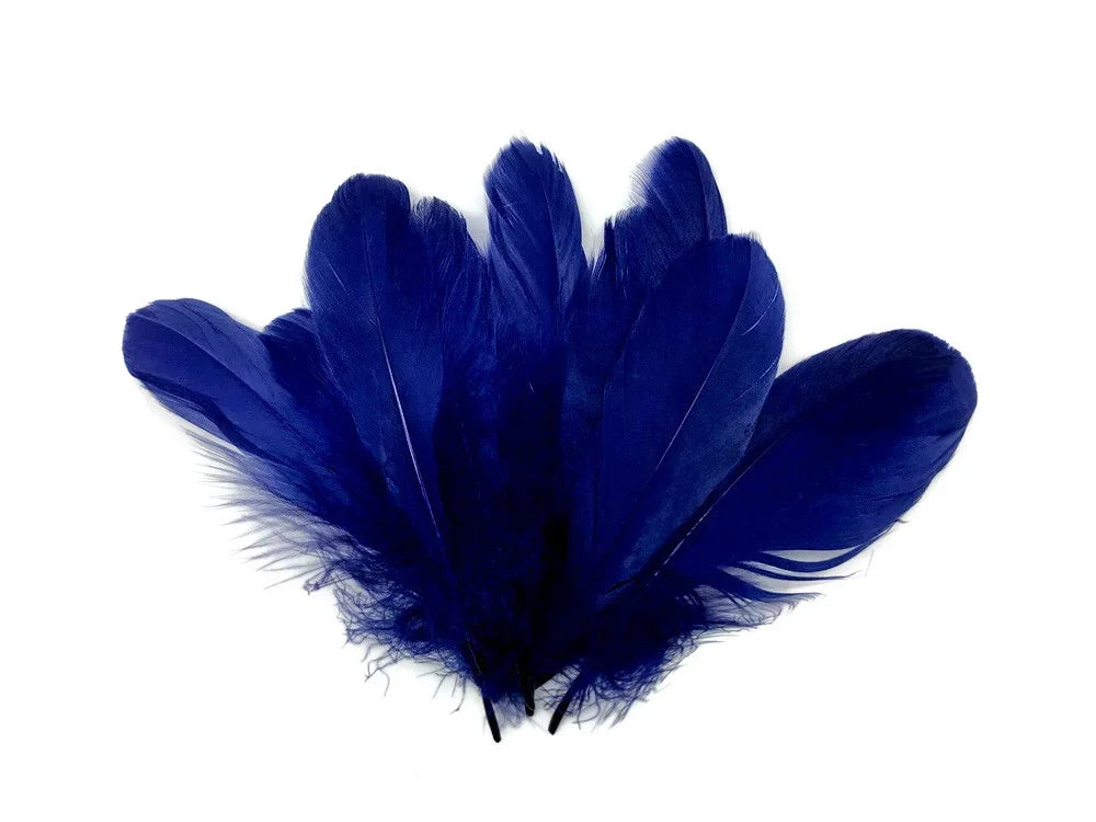 Vibrant cobalt blue feathers for DIY crafts and fashion decor on a white background.