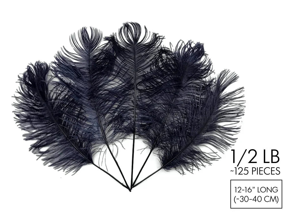 Bundle of 125 navy blue ostrich feathers, 12-16 inches long, for crafts and fashion décor.