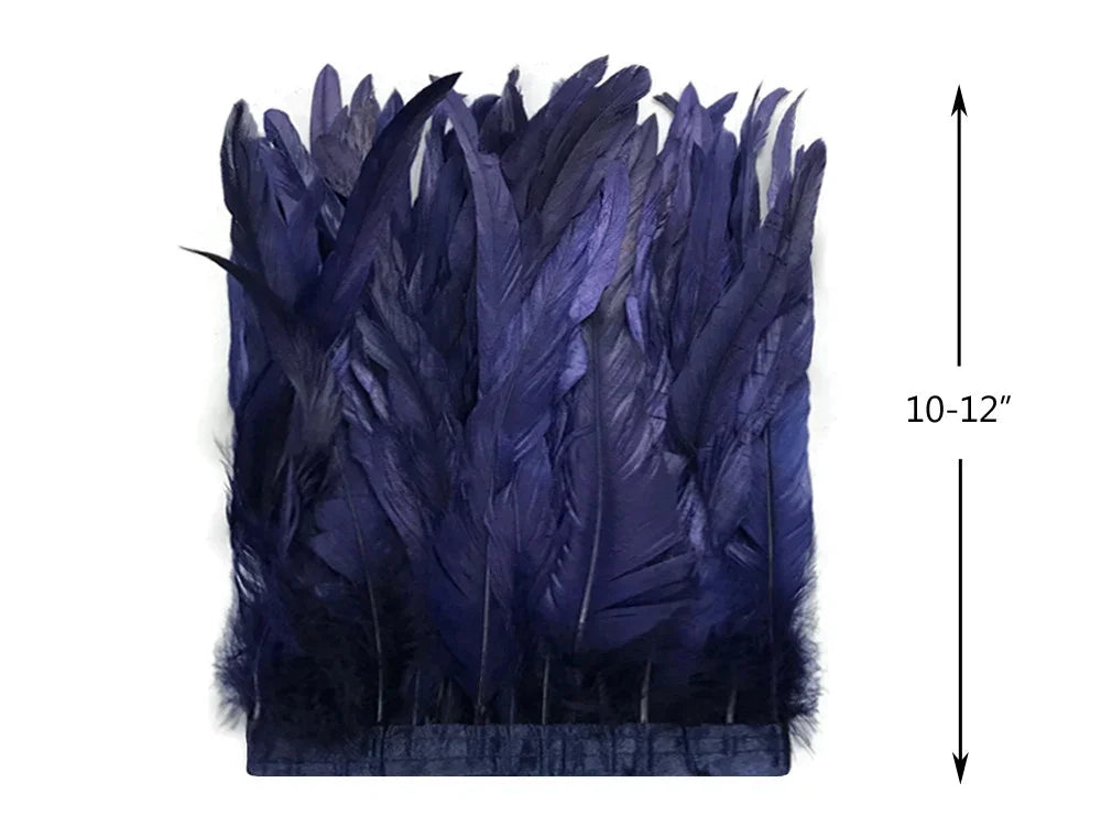 Deep navy blue feather trim strip, 10-12 inches long, for DIY fashion and craft décor.