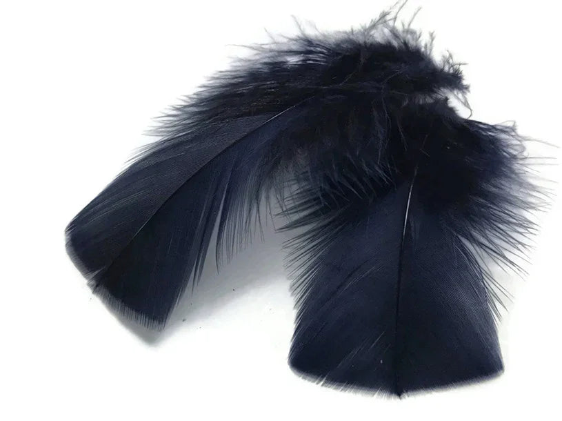 Two large navy blue feathers for DIY crafts and fashion décor on a white background.