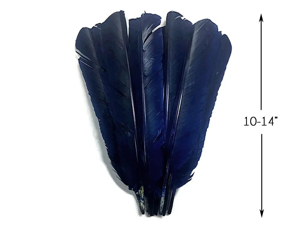 Large navy blue feathers for crafts and fashion, 10-14 inches in length.