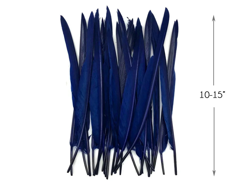 Deep blue craft feathers, 10-15 inches long, for DIY fashion and décor projects.