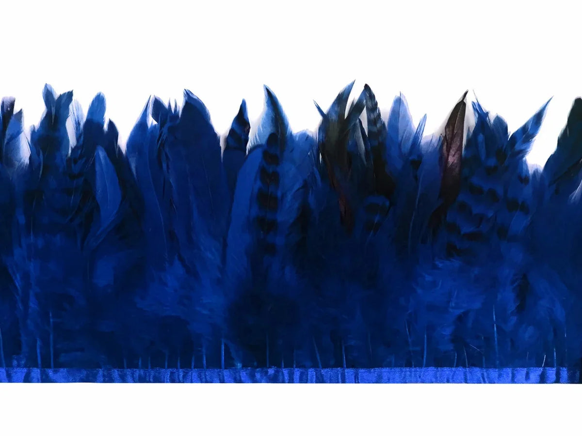 Vibrant cobalt blue feather trim for fashion and DIY craft projects.