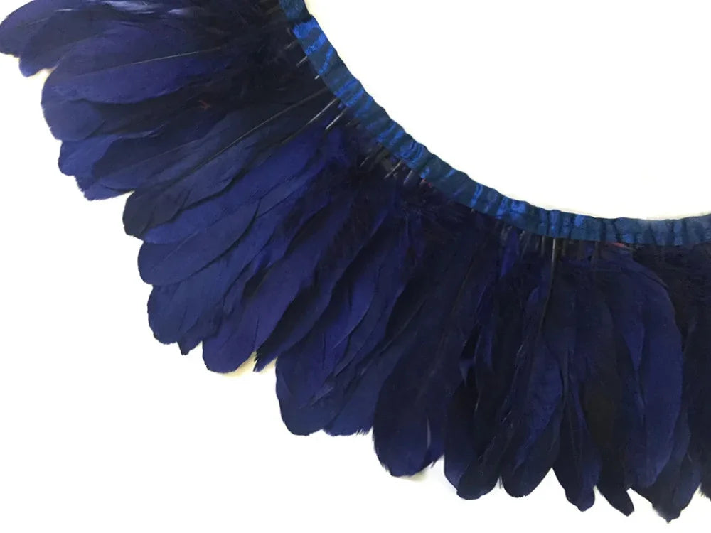Deep blue feather trim for DIY crafts, fashion accessories, and costume décor.