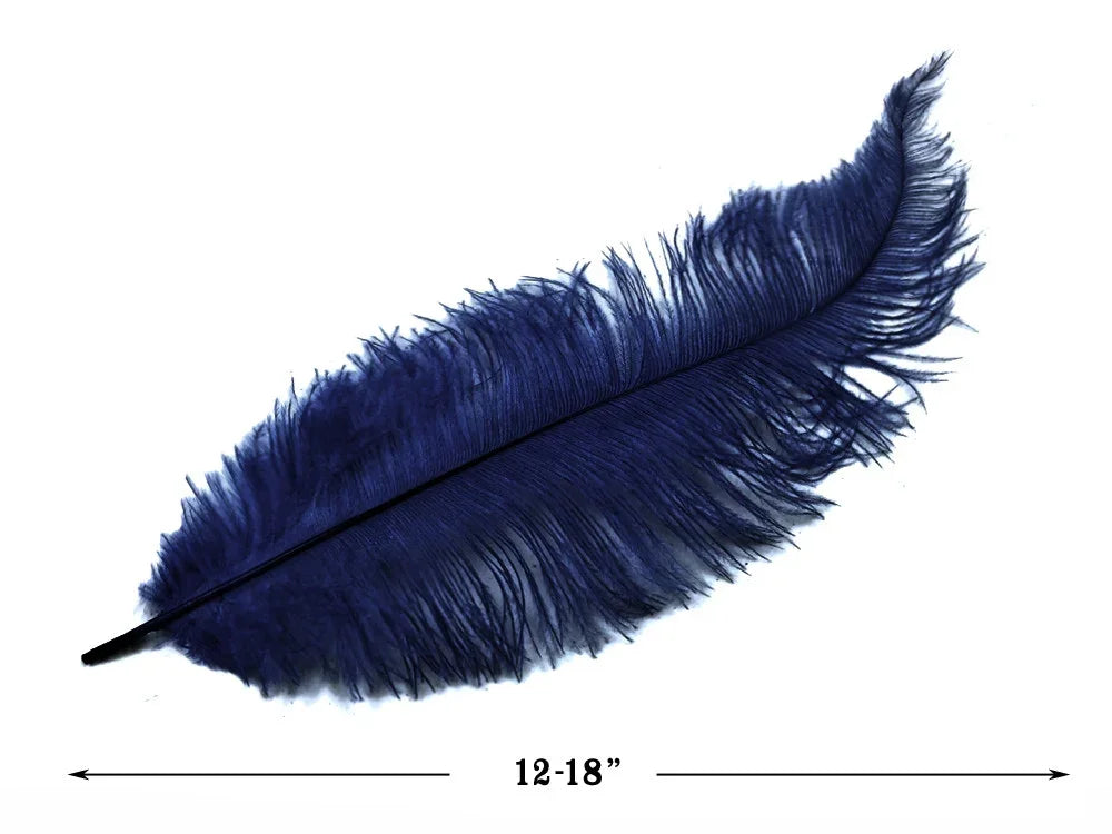 Large navy blue decorative feather for crafts and fashion, 12-18 inches long.