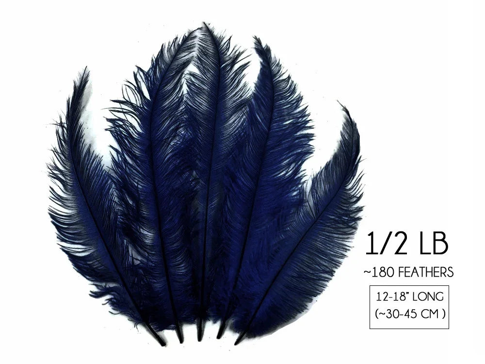 Bundle of 180 navy blue ostrich feathers, 12-18 inches long for crafts and fashion decor.