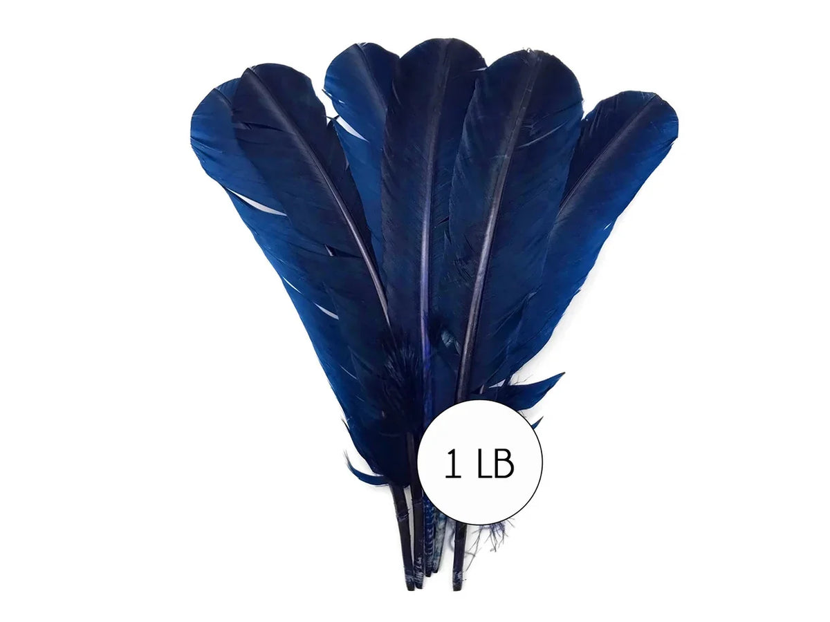 Bundle of deep navy blue craft feathers, 1 lb bulk pack for DIY fashion and decor.