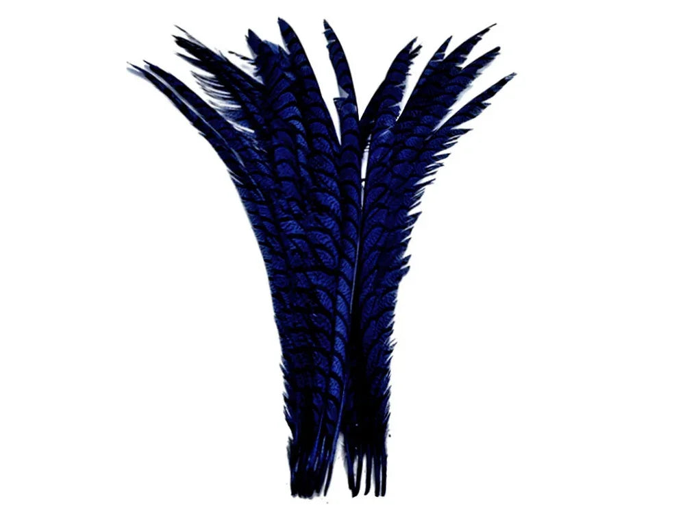 Deep navy blue dyed pheasant feathers for DIY crafts and fashion decor.