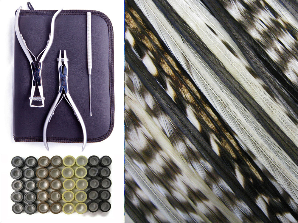 Night & Day Mix Pack - Hair Extension Whiting Farm Feather Stainless Tool Kit & Silicone Beads
