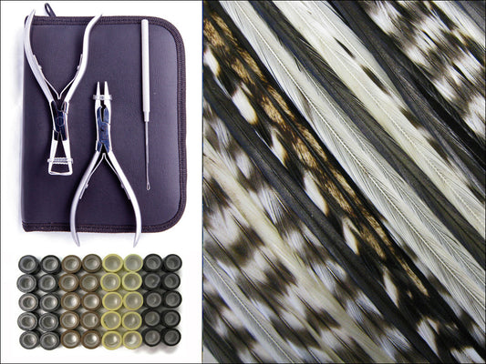 Night & Day Mix Pack - Hair Extension Whiting Farm Feather Stainless Tool Kit & Silicone Beads
