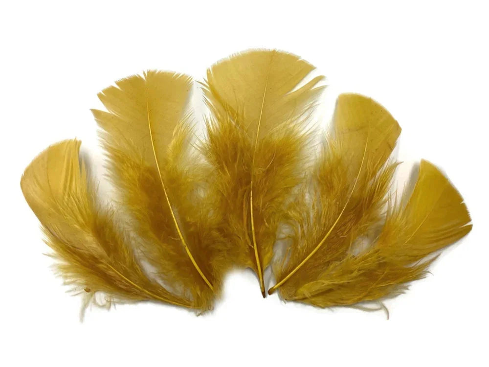 Set of vibrant mustard yellow craft feathers for DIY fashion and decor.