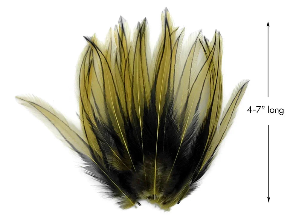 Yellow and black natural feathers for crafts and fashion, 4-7 inches long.